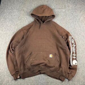VTG Carhartt Hoodie Mens XL Brown Faded Distressed Sleeve Logo Workwear Thrashed
